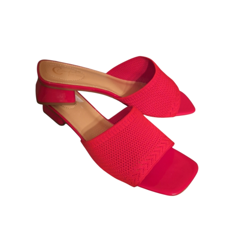Siren Red CHERRY Block Heel Slip on Mules Open Toed Knit Sandal Ladies 11M